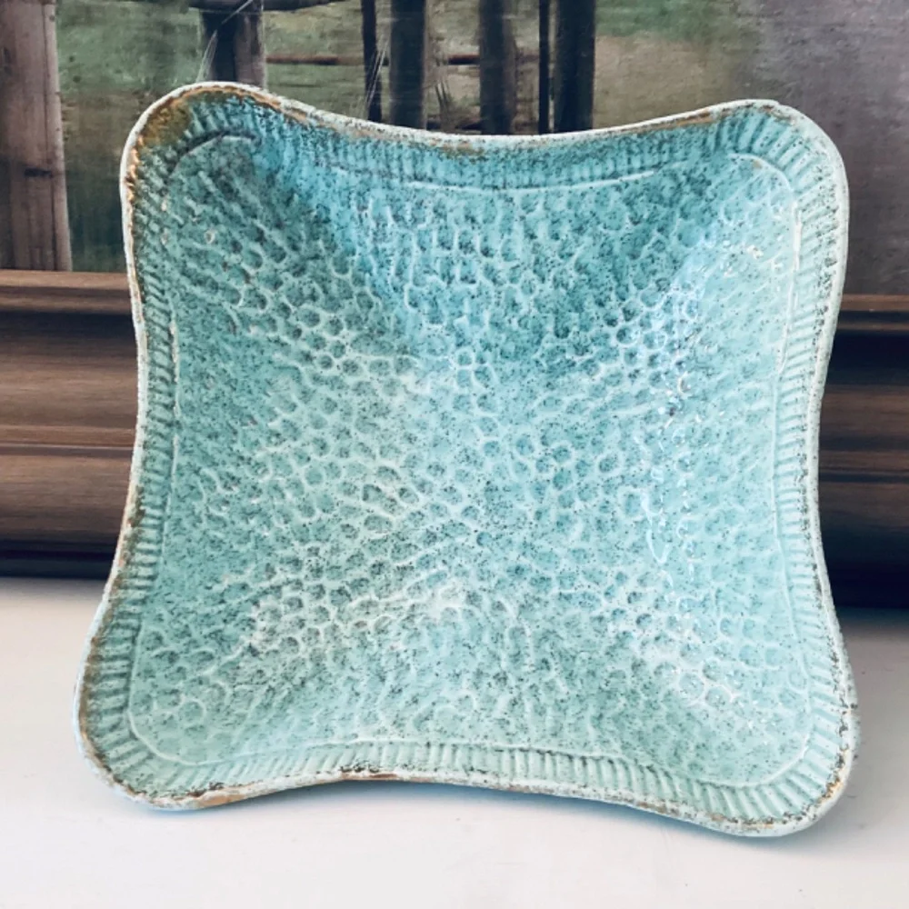 Turquoise Ceramics Set Of 3 Mixed Pieces Vases Square Bowl Home Accents Decor - Picture 12 of 12